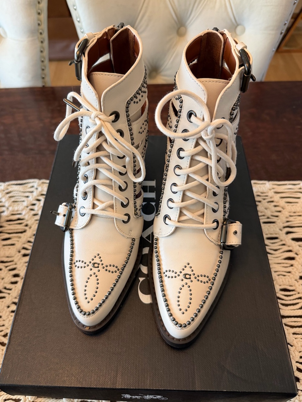 Coach Paisley Leather Stud Boots in Chalk/Antique Silver  - 5.5B